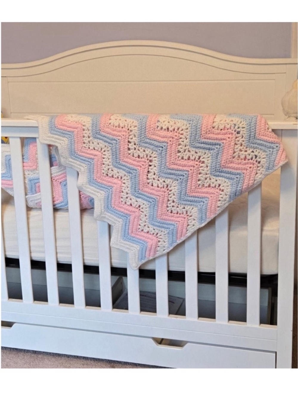 Vintage Blanket Baby Girl Hand Crocheted White Pink Blue Knit Throw Home VTG